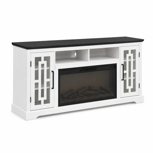 Meuble TV avec Cheminée Électrique en Bois et Verre Trempé