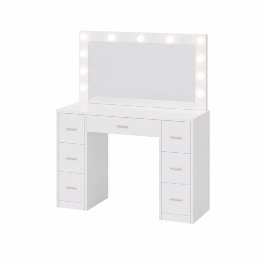 Coiffeuse avec Miroir Éclairé en Bois MDF Blanc avec Tiroirs