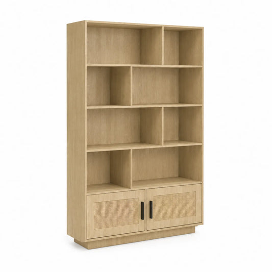 Bibliothèque en bois avec portes en rotin 180x90x30 cm