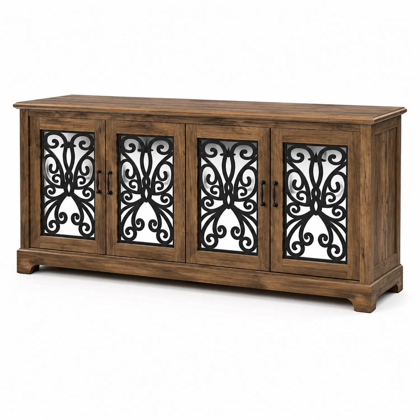 Meuble TV en bois et métal avec portes ajourées en verre trempé