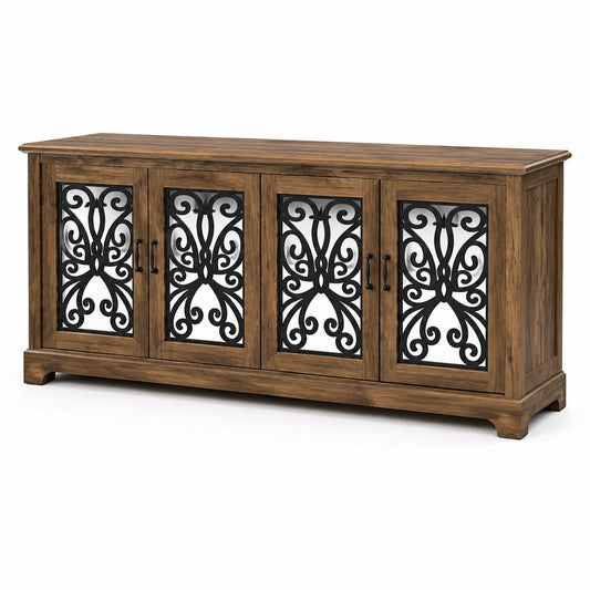 Meuble TV en bois et métal avec portes ajourées en verre trempé