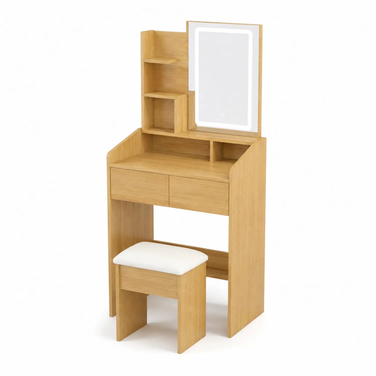 Coiffeuse en bois avec miroir LED et tabouret rembourré
