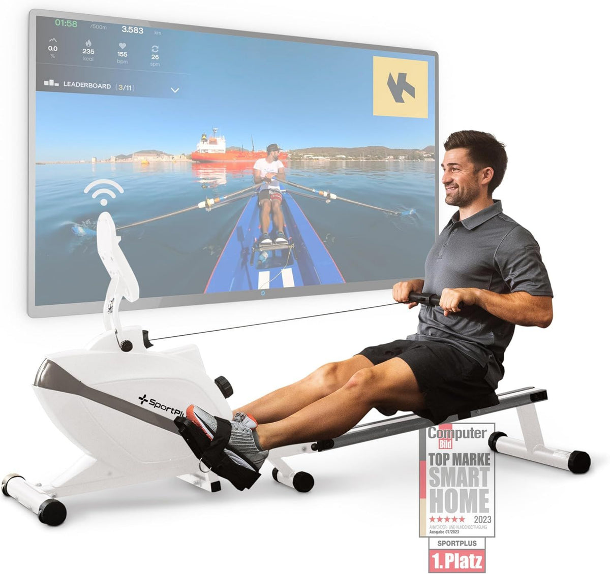 SportPlus Rameur - r¨¦sistance magn¨¦tique, fonctionnement silencieux, pliable, commande via application, 8 kg, 150KG